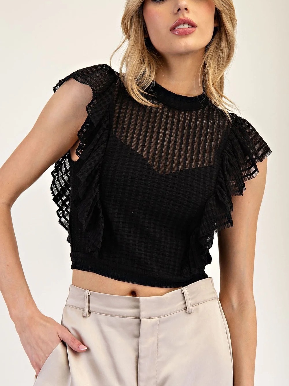 Maeve Anthropologie Black Sheer Ruffle Sleeve Blouse Top - Picture 2 of 3